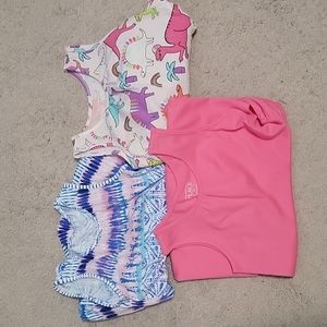 3 cute sleeveless dresses 5T. Pink, tie dye, and multi color with dinosaurs.